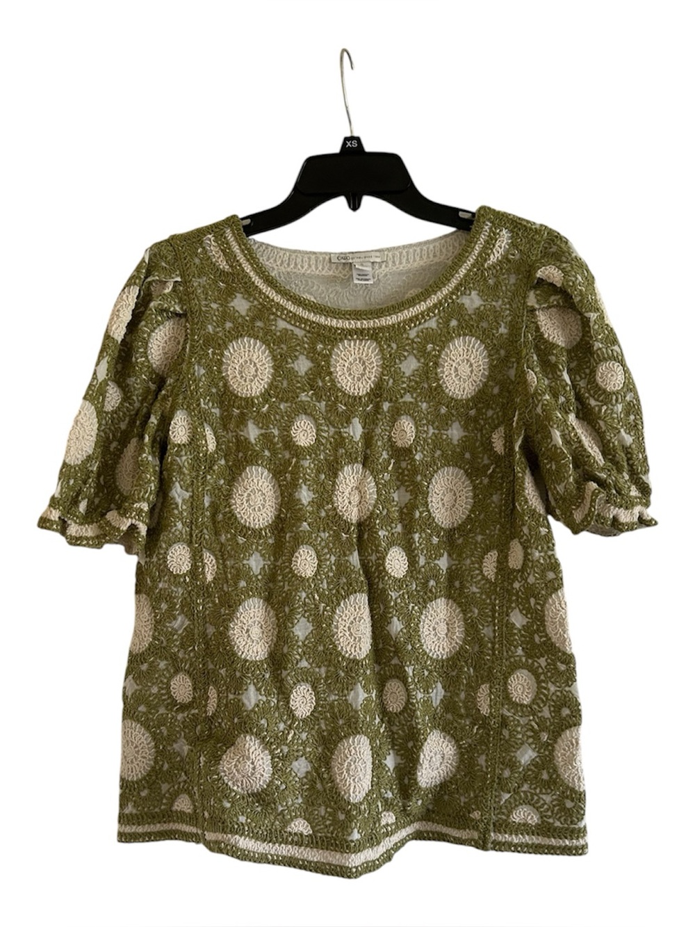 Cato Crochet Puff-Sleeve Green and Cream Size Small Short Sleeve Blouse